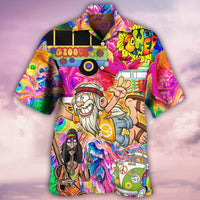 Colorful Hawaiian button-up shirt with cartoon graphics and short sleeves