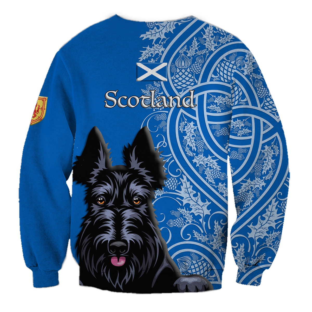 Blue sweatshirt back with large Scottish terrier print, 'Scotland' text and white X flag