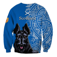 Blue sweatshirt back with large Scottish terrier print, 'Scotland' text and white X flag