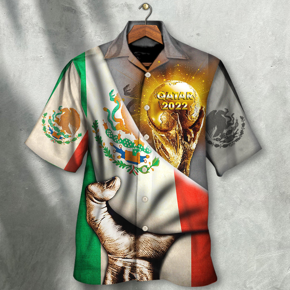 Hawaiian shirt with Mexico flag print, gold Qatar 2022 graphic, short sleeves