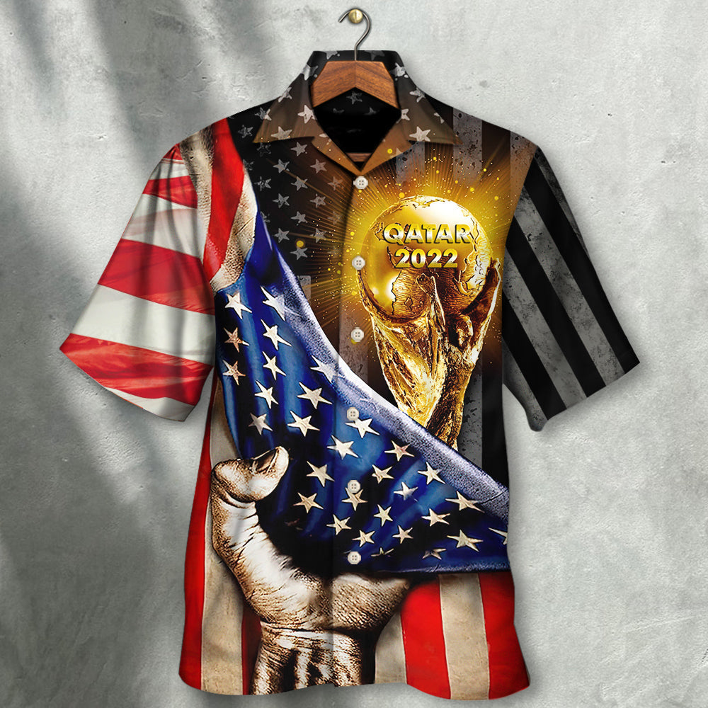 USA Hawaiian shirt with Qatar 2022 graphic, gold eagle face, stars and stripes sleeves