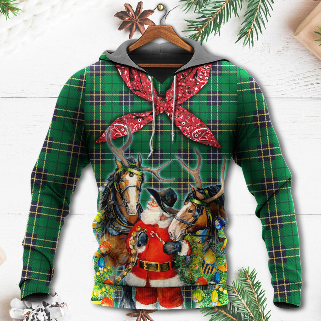 Green plaid zip hoodie with red bow and Santa reindeer graphic on front pocket