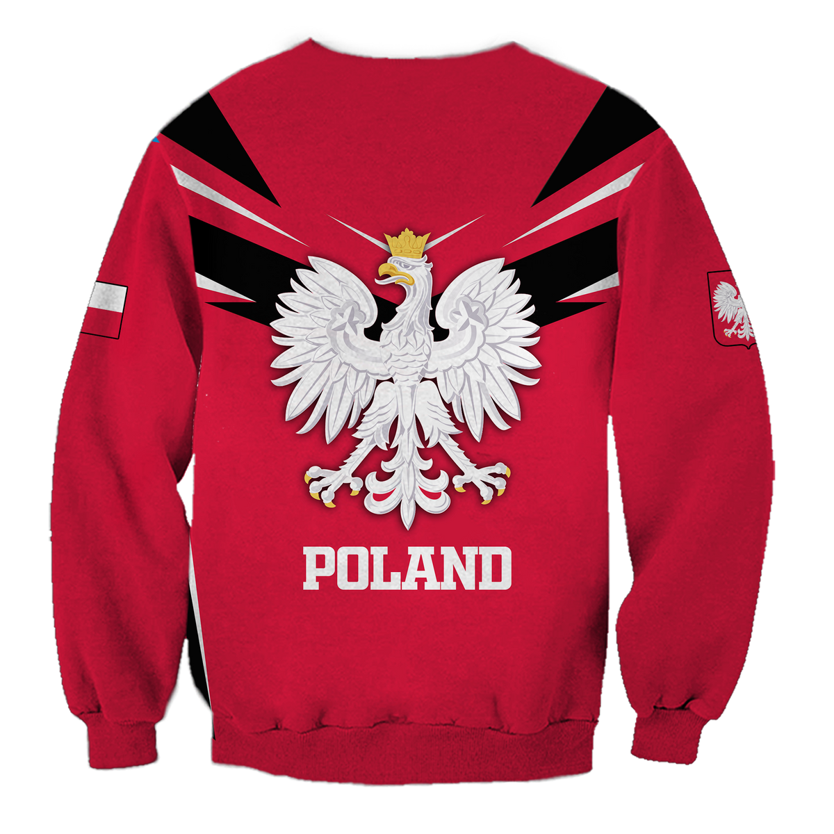 Red unisex Poland sweatshirt with eagle crest and POLAND text, back view