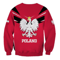 Red unisex Poland sweatshirt with eagle crest and POLAND text, back view