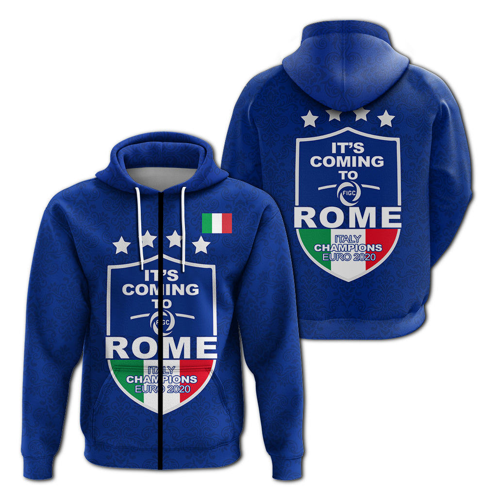 Blue zip hoodie set with front and back “It’s coming to Rome” crest graphic