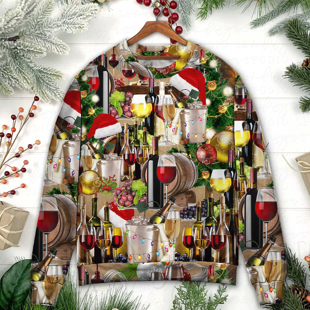 Ugly Christmas wine-themed sweater with bottles, glasses, and Santa hats, multicolor print