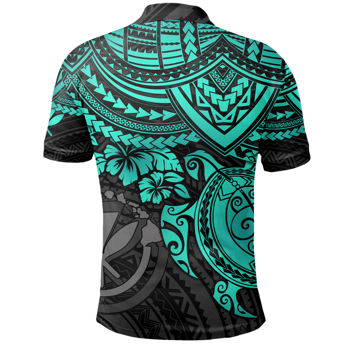 Multicolor tropical graphic polo shirt in teal and black with tribal patterns, short sleeves (back)
