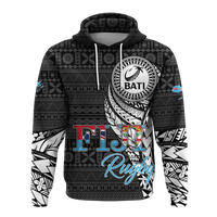 Tapa pattern pullover hoodie front view with sleeve flag patch and bold Rugby text