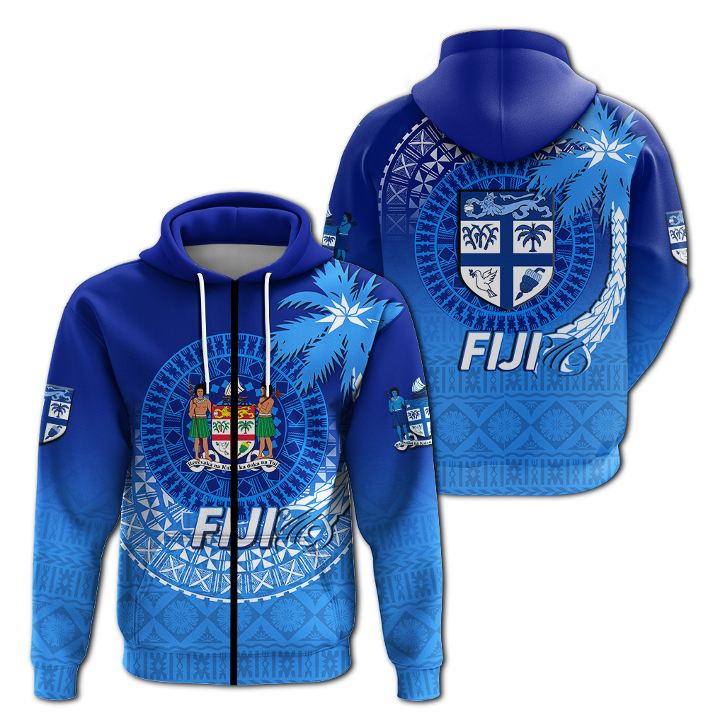 Blue pullover hoodie with white drawstrings and Fiji crest tribal graphic with palms