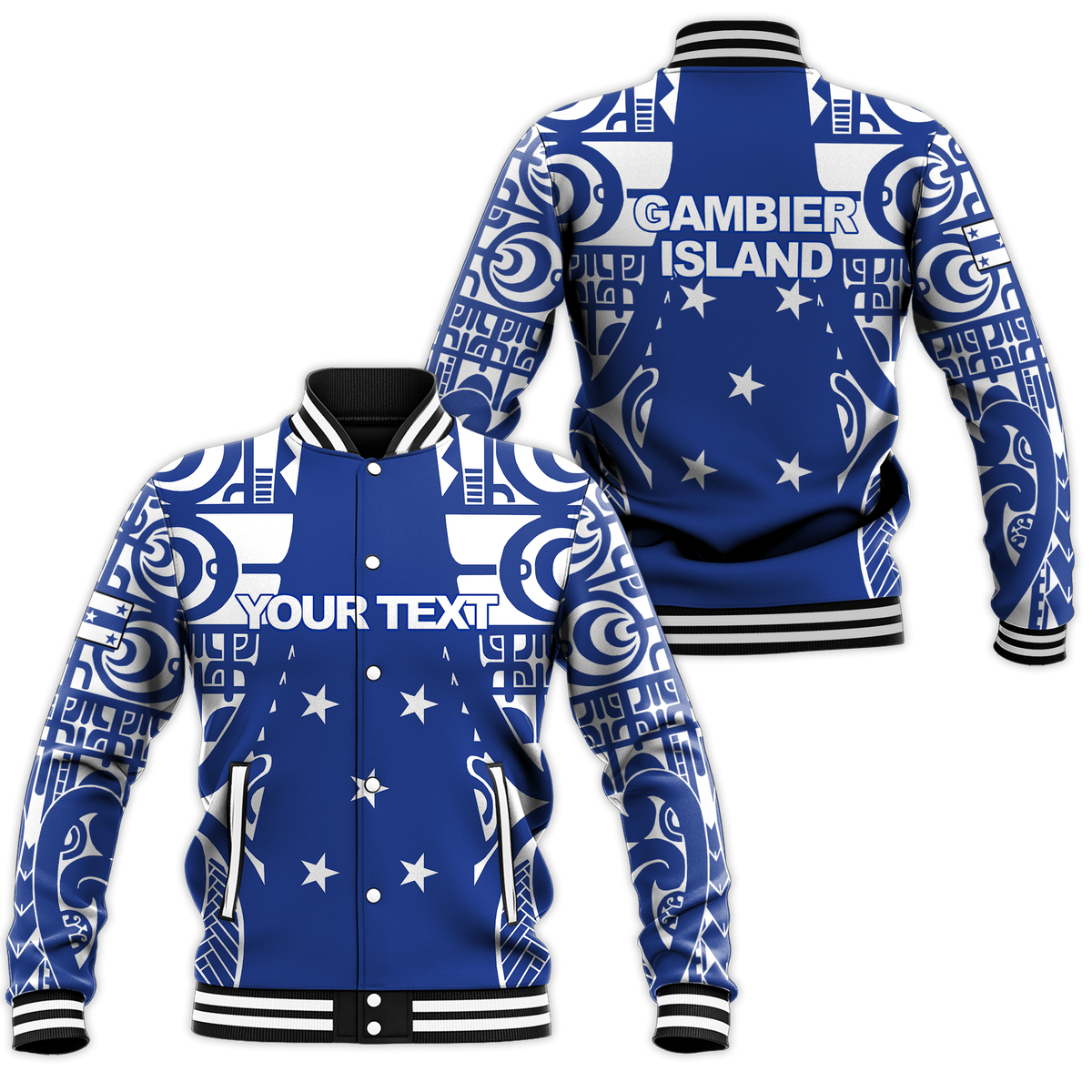 Custom tribal baseball jacket, blue with white graphic print, button-up front