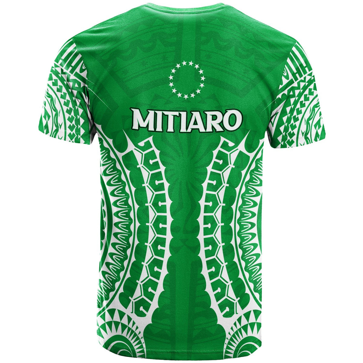 Back view: green Mitiaro T-shirt with large vertical design and tribal sleeve print