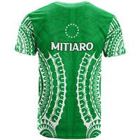 Back view: green Mitiaro T-shirt with large vertical design and tribal sleeve print