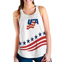 White women’s tank top with USA flag pride graphic in blue, red, and stars