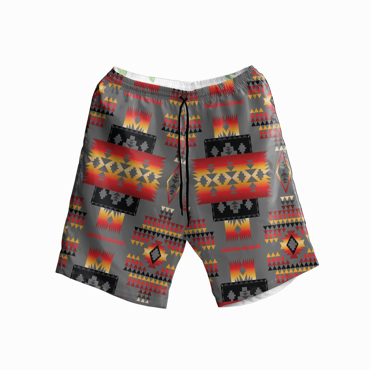 Gray multicolor Native pattern Hawaiian shorts, elastic waistband with drawstring