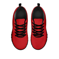 Red lace-up sneakers with black laces and padded collar; front view of pair