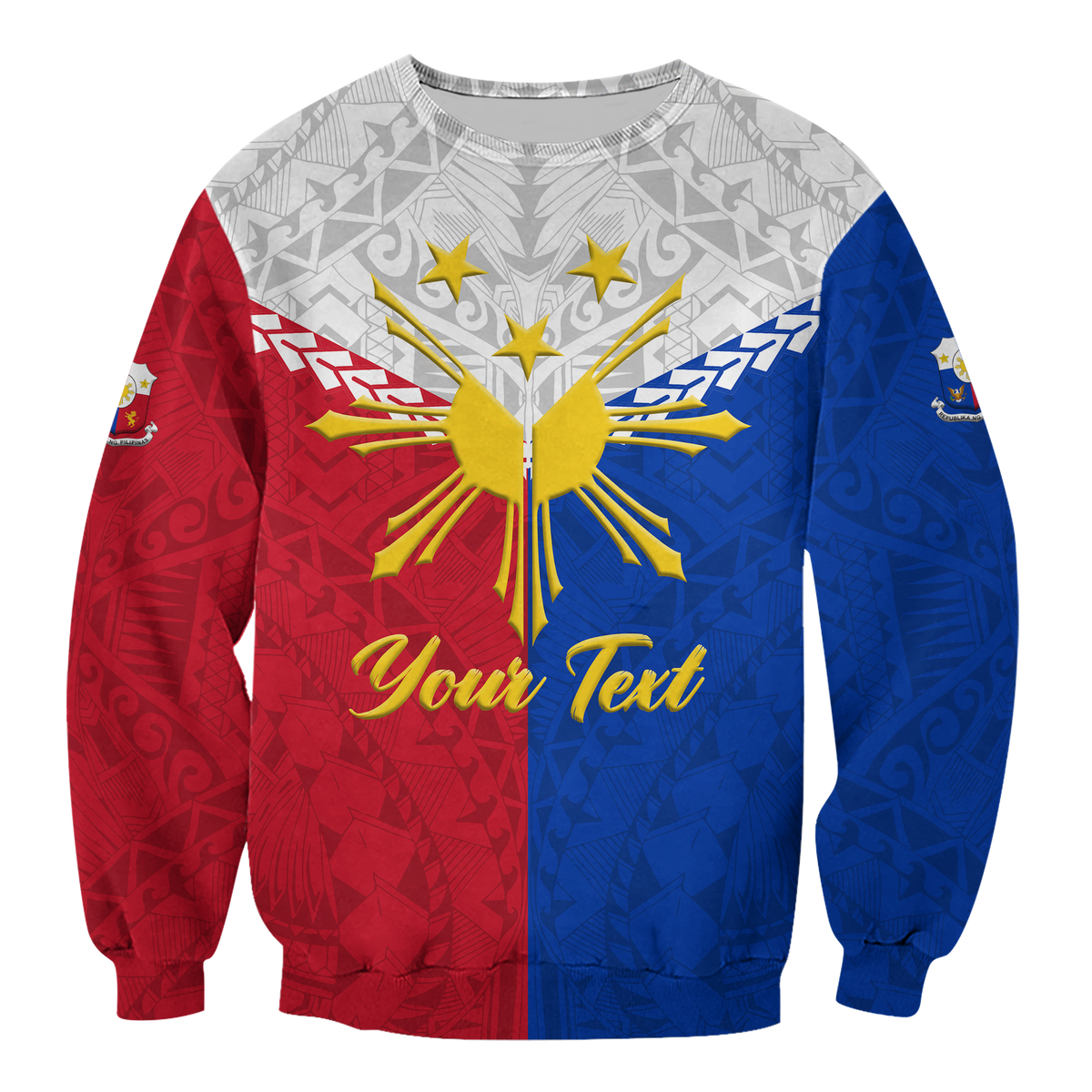 Unisex sweatshirt, red/blue emblem with gold stars and gray pattern; 'Your Text' print.