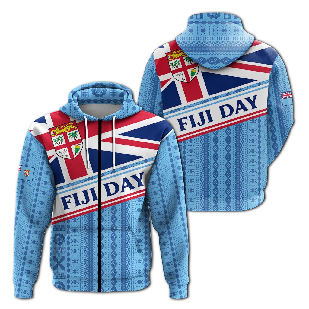 Blue Fiji Day zip hoodie with tapa pattern, front and back views, full-zip design