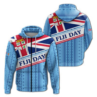 Blue Fiji Day zip hoodie with tapa pattern, front and back views, full-zip design