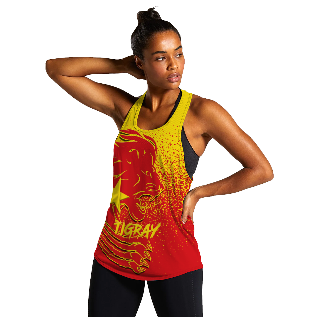Red racerback tank with yellow collar and bold lion artwork, athletic fit