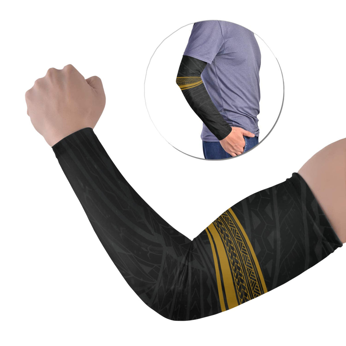 Polynesian tribal tattoo arm sleeves (2-pack), black with gold stripe