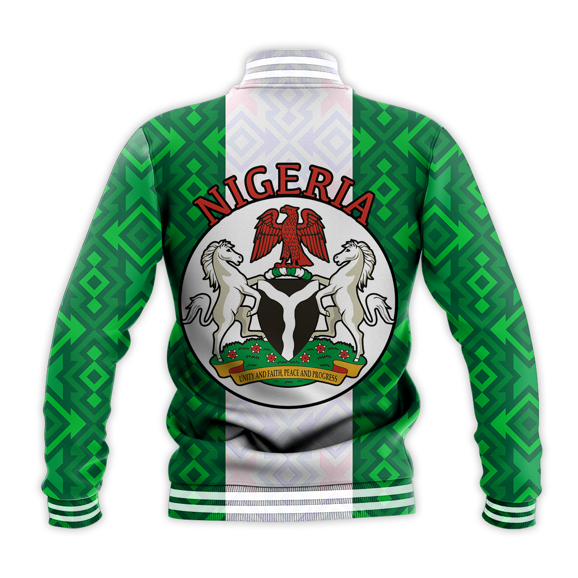 Green Nigeria crest baseball jacket, back view with ribbed cuffs and hem