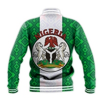 Green Nigeria crest baseball jacket, back view with ribbed cuffs and hem