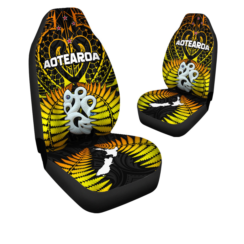 Aotearoa Hei Tiki gold seat covers for car—black and gold fern pattern