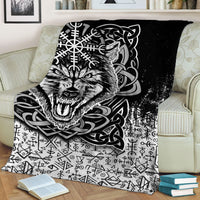 Folded black-and-white Viking wolf blanket with knotwork, runes, and Vegvisir