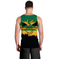Green men's tank top back view with Jamaica bird and slogan graphic