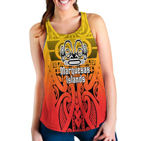 Close-up of red women’s tank with yellow collar and Marquesan tribal tattoo graphic