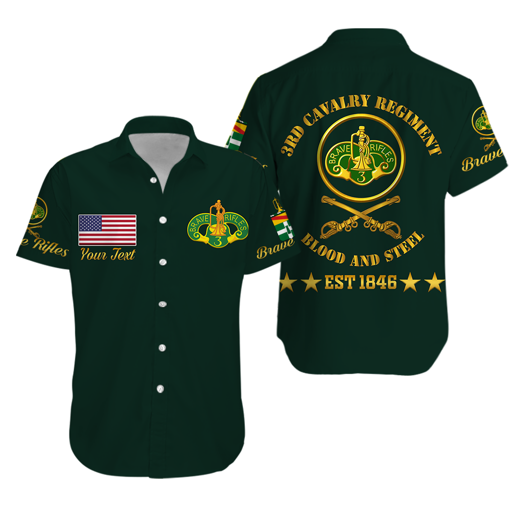 Green unisex Hawaiian shirt, button-up, Brave Rifles crest on front and back
