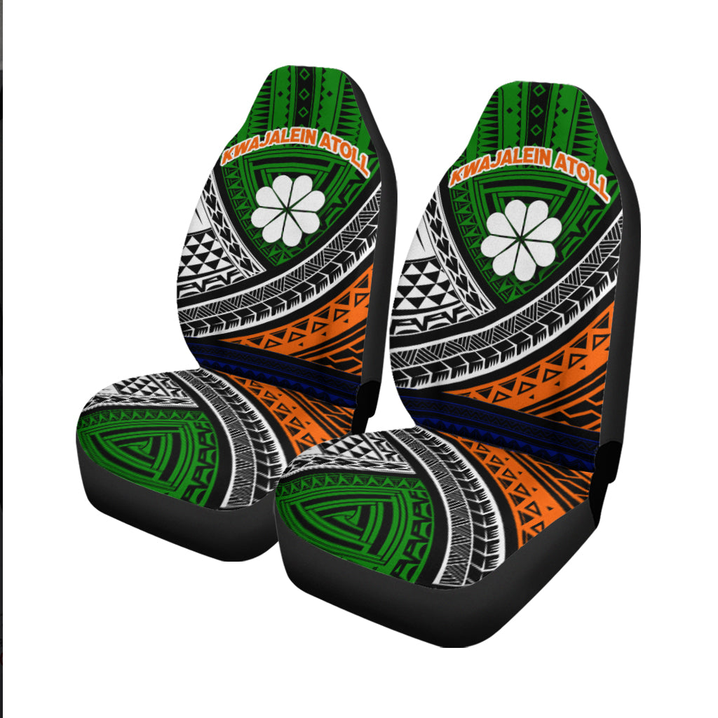 Set of 2 car seat covers with green, orange, and blue tribal bands on black