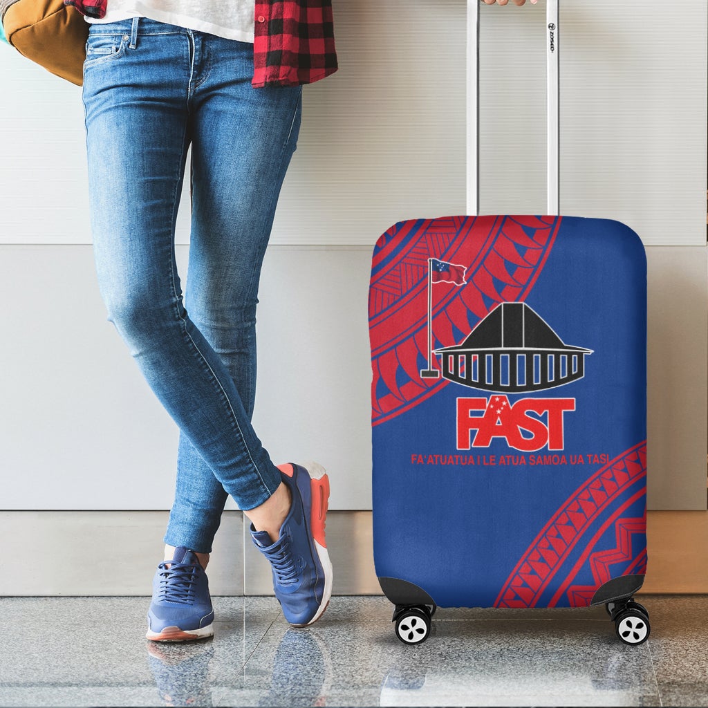 Blue suitcase cover with red Samoan design, wheels visible, FAST logo on front