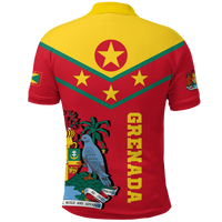 Red polo shirt with yellow yoke and back emblem, stars and vertical Grenada graphic.