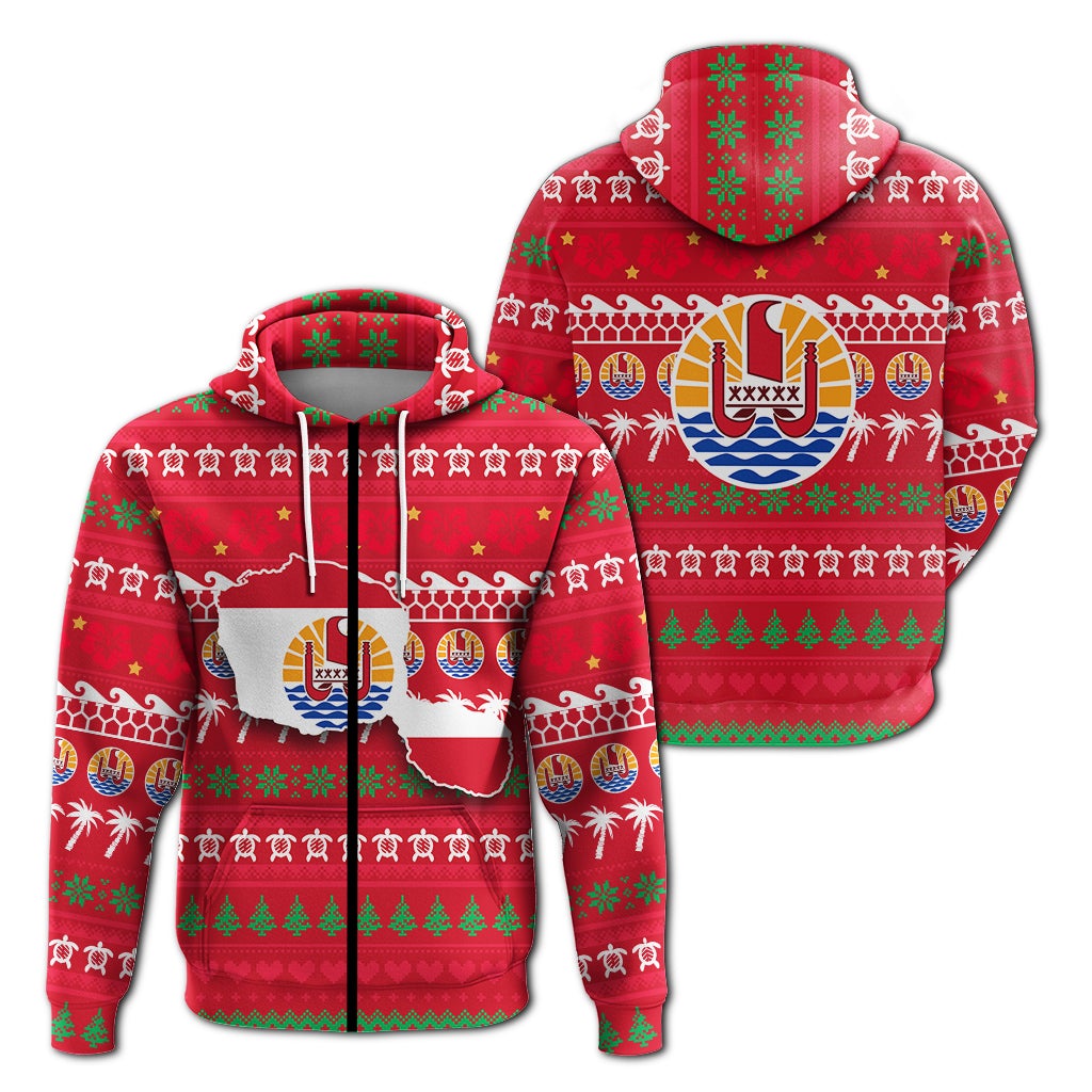 Red zip-up hoodie with Tahiti-inspired holiday print, front and back views
