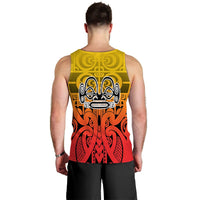Back view: men's tank top with Polynesian mask graphic, yellow top and red bottom
