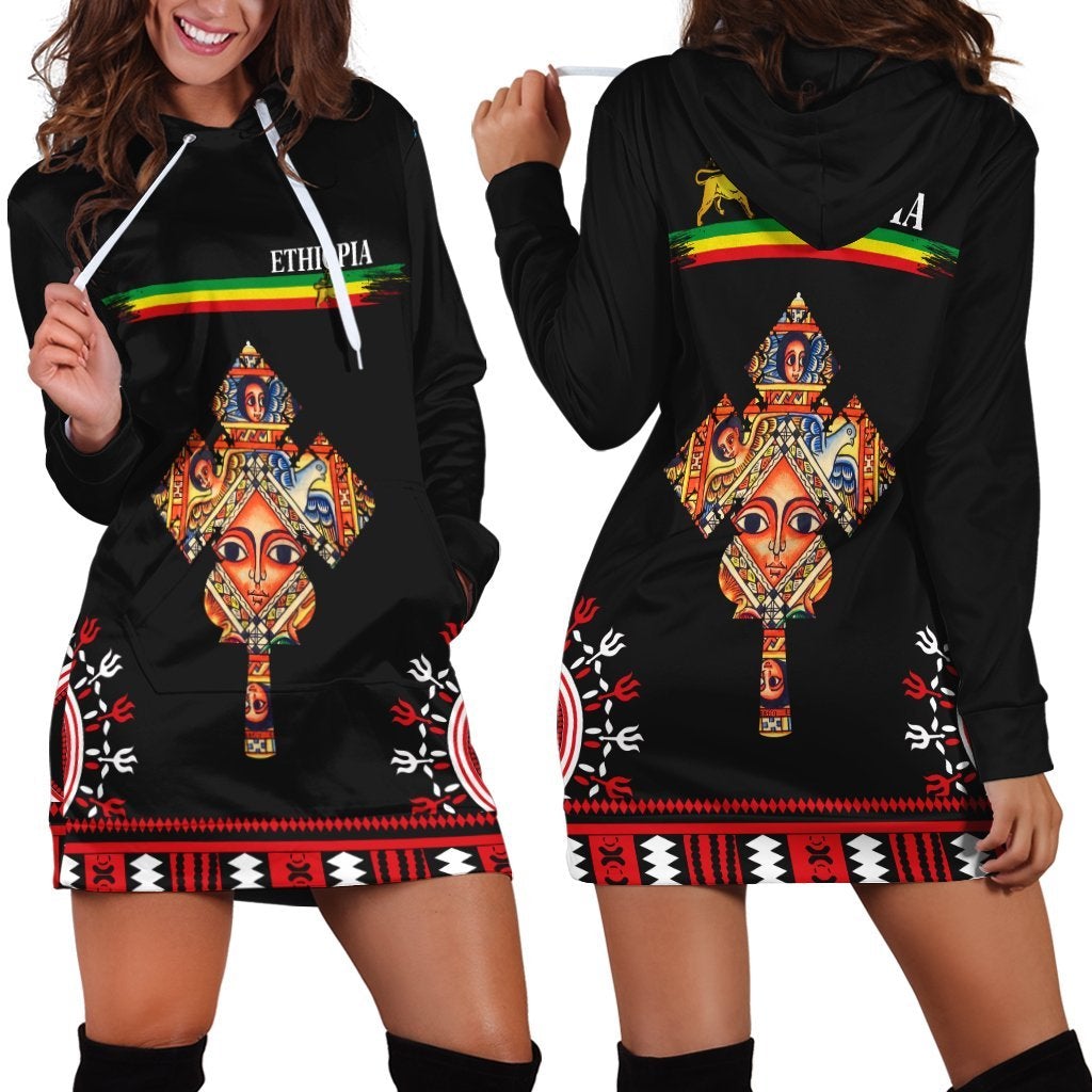 Ethiopia hoodie dress, black with multicolor hood graphic and front face print