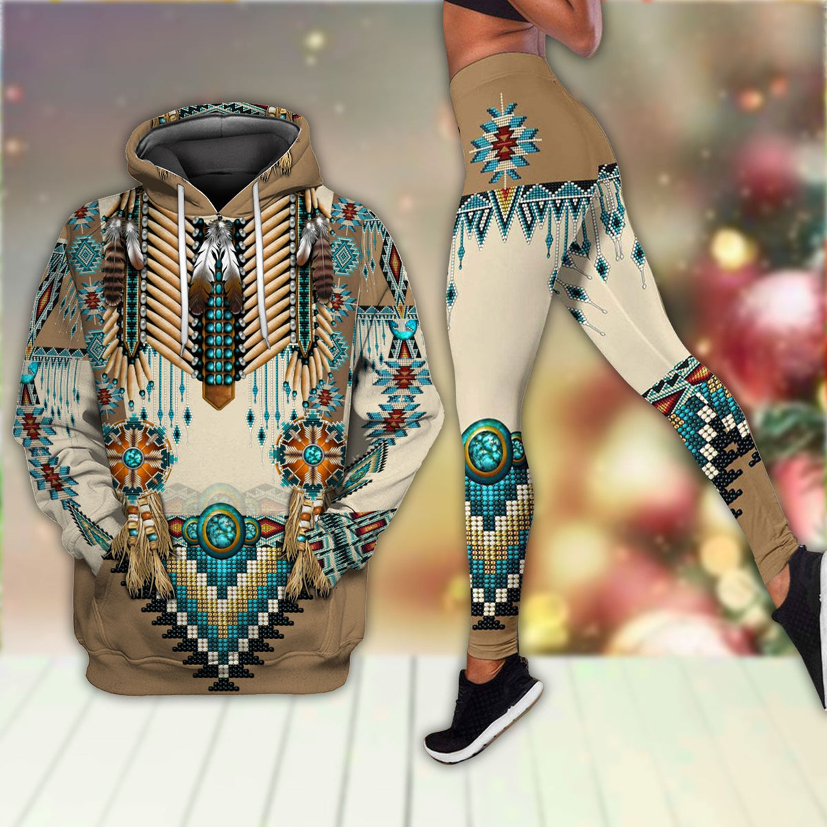 Native American style 3D printed pullover hoodie and leggings set, teal tribal patterns
