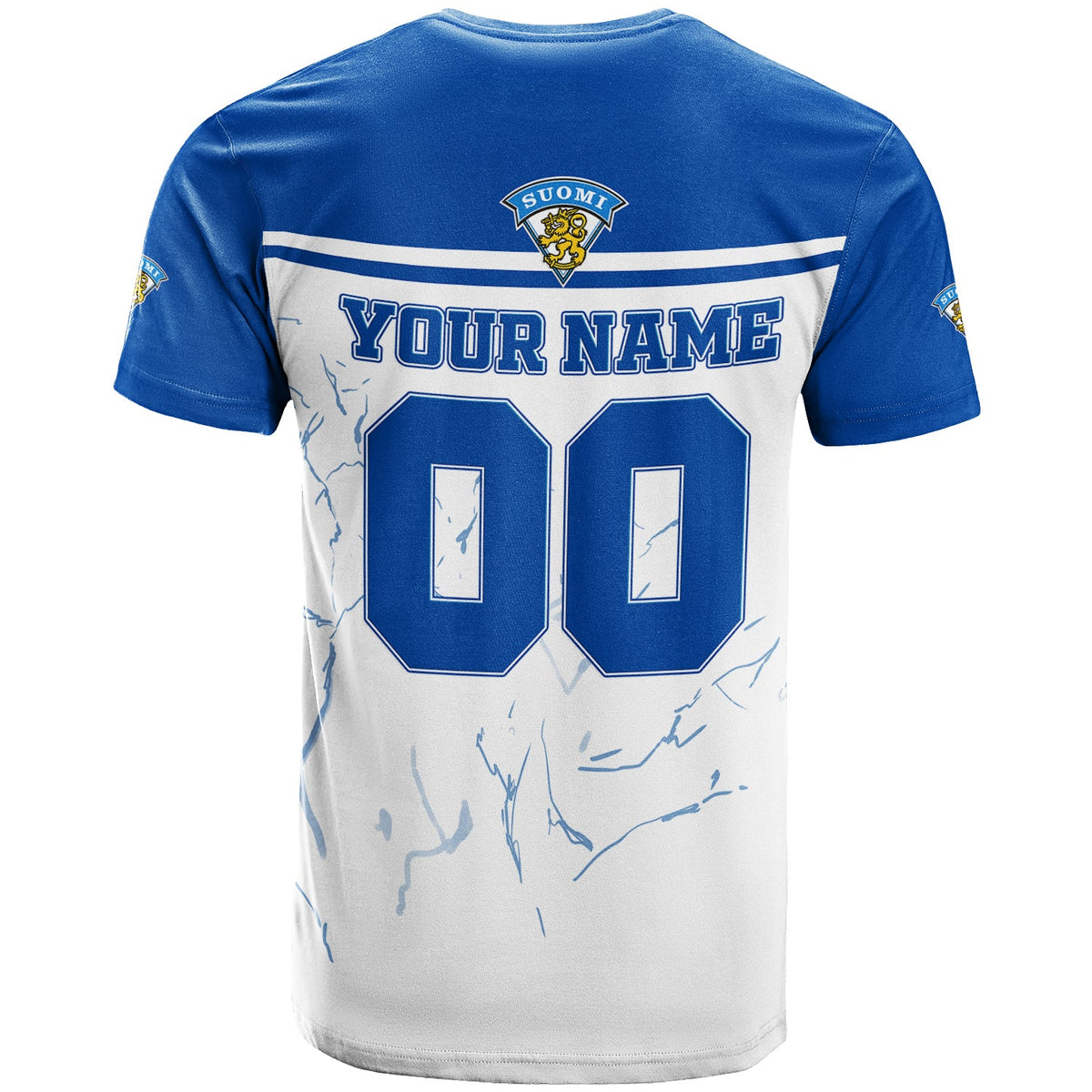 Back view: Custom Finland hockey T-shirt with YOUR NAME and number 00, blue sleeves