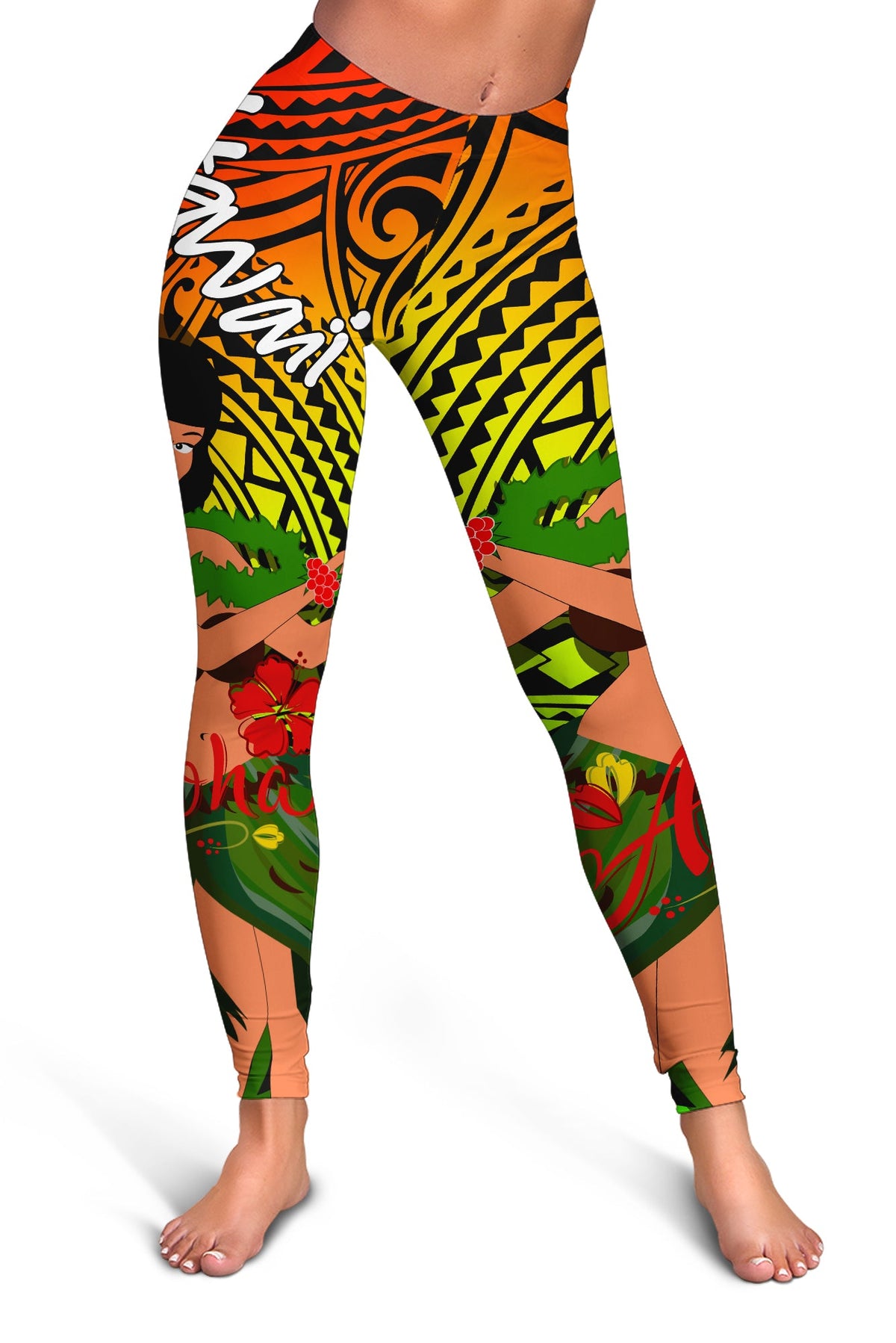 Women's leggings with black base and orange, yellow, green tribal print