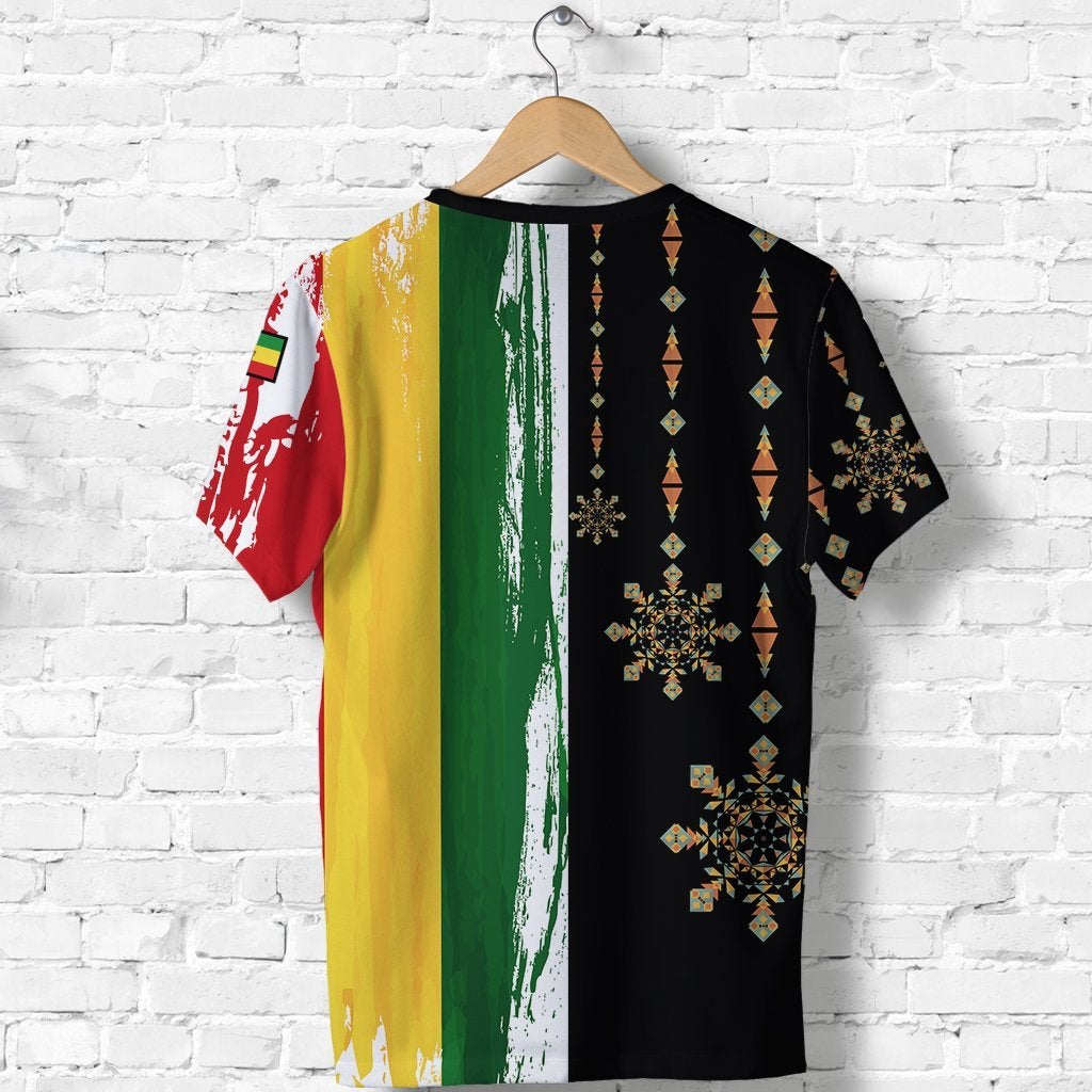 Ethiopia flag T-shirt back with green, yellow, red stripes and black aztec motif