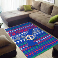 Blue map Christmas area rug with wreath emblem, palm motifs, hearts and tree rows