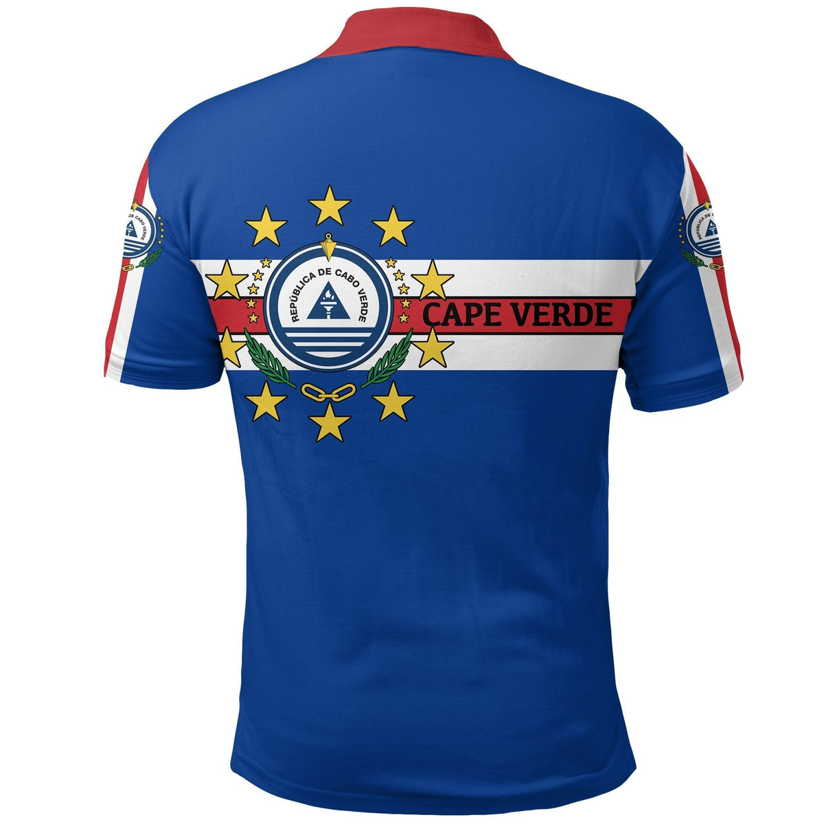 Blue polo with red collar and Cape Verde flag graphic on the back