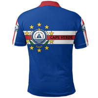 Blue polo with red collar and Cape Verde flag graphic on the back