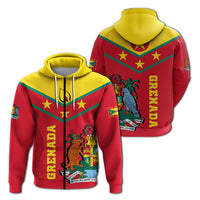 Red hooded pullover hoodie showing front crest and back "Grenada" text graphic with stars.