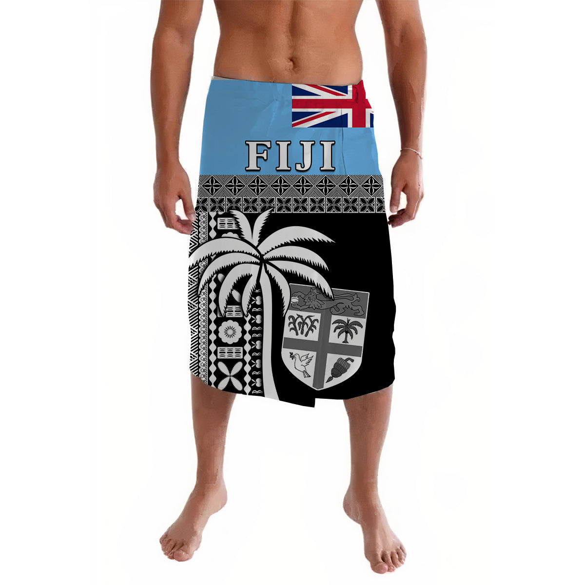Blue and black tapa-pattern lavalava wrap skirt with coconut tree graphics