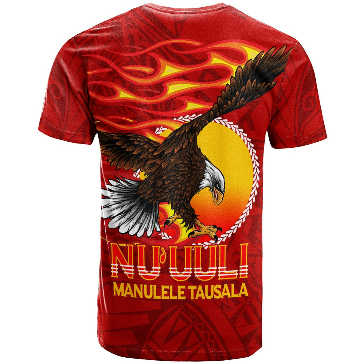 Red T-shirt back: large eagle graphic with flames and “MANULELE TAUSALA” text