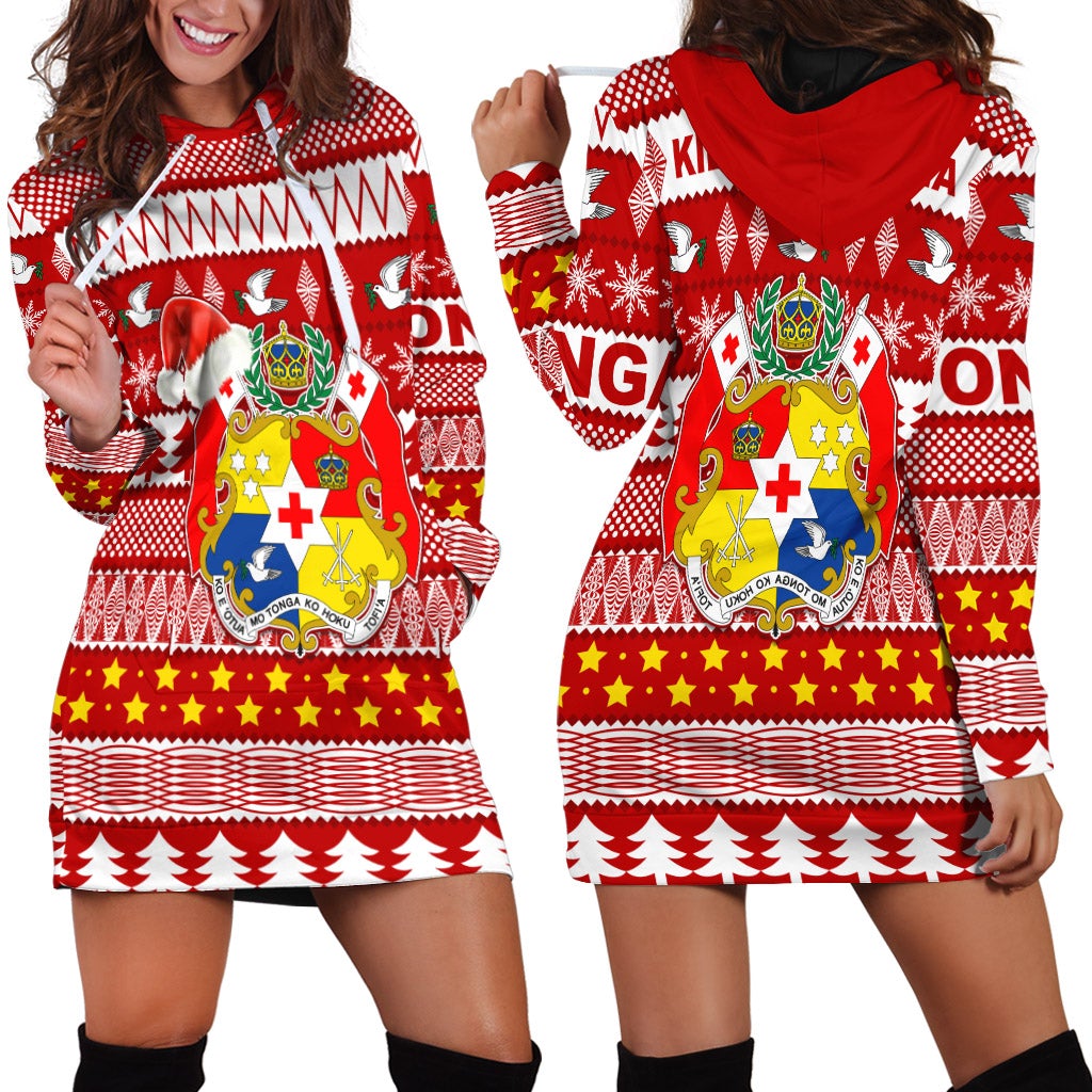 Red hoodie dress with Tongan-style crest, stars and trees, long sleeves