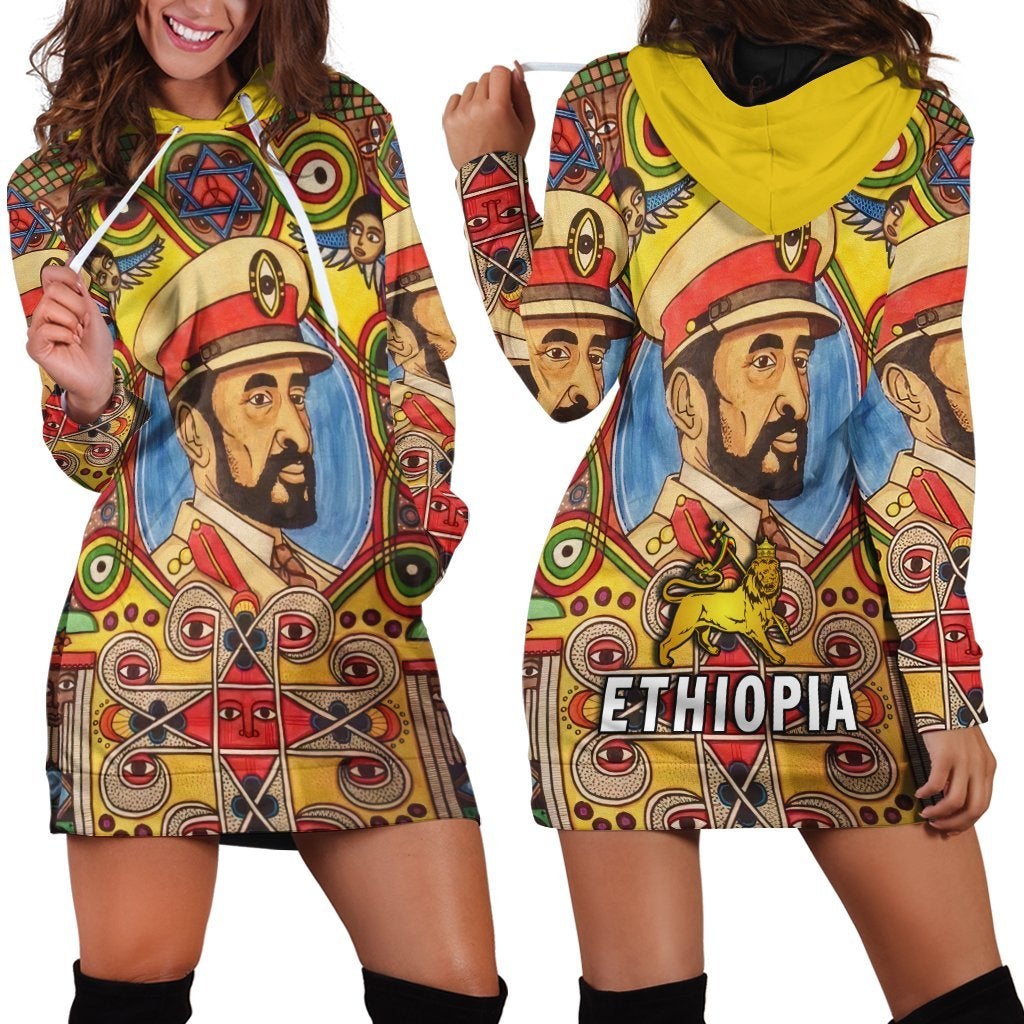 Multicolor graphic hoodie dress with front “ETHIOPIA” text and kangaroo pocket