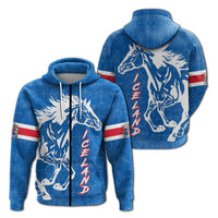 Blue zip hoodie with large white horse graphic, red wordmark, and flag stripe sleeve patches